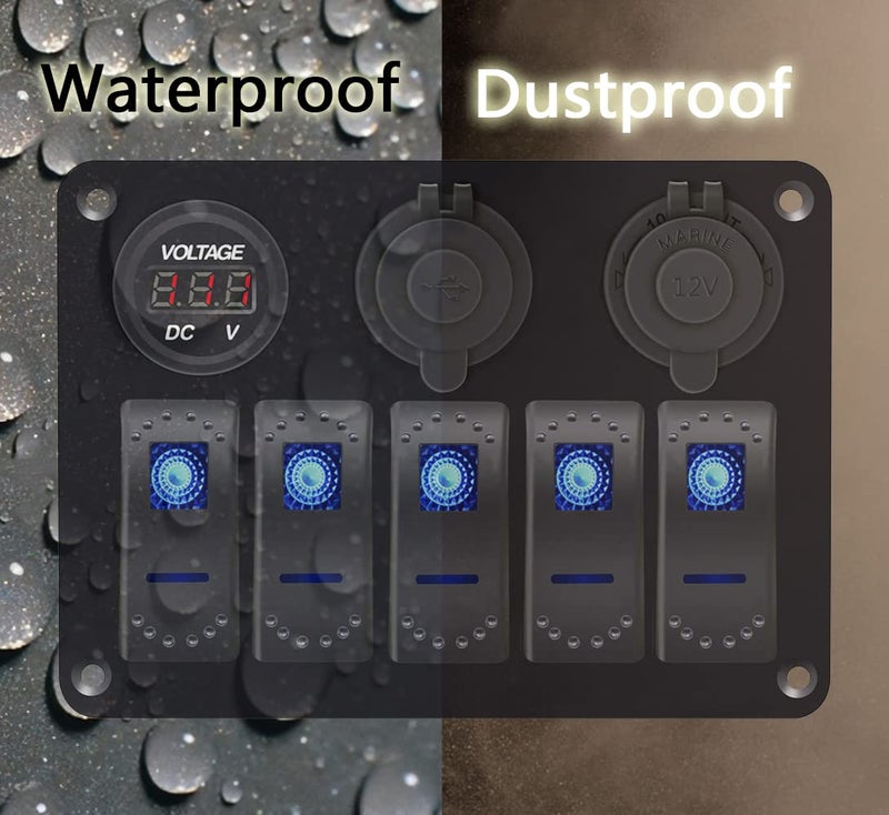 Garfour 5 Gang Marine Switch Panel - Waterproof Boat Switch Panel with 3.1A Dual USB, LED Voltmeter & Cigarette Lighter Socket for Boats, Trucks, RVs, SUVs - Image 2